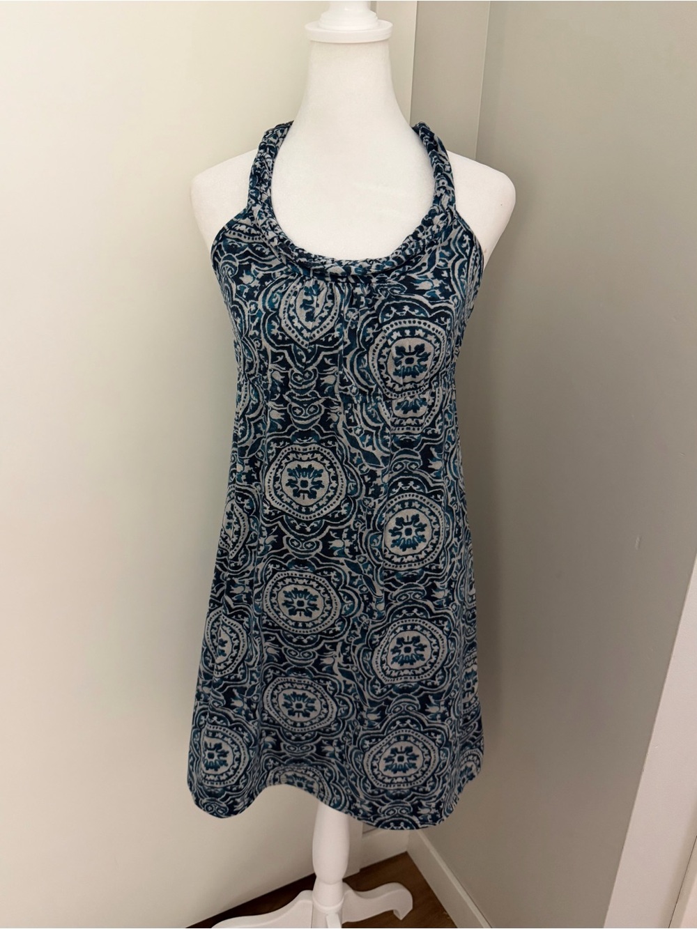 Vanity Blue Boho Mandala Print Summer Dress with Lace Crochet Back